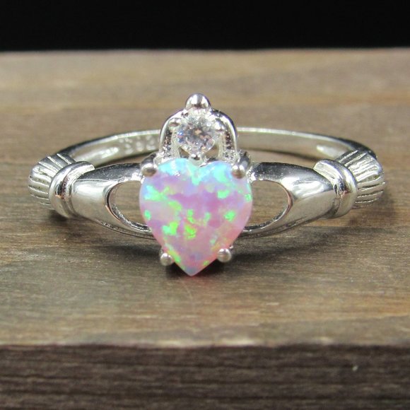 Jewelry - Size 6.25 Sterling Silver Lab Opal Heart And CZ Claddagh Band Ring